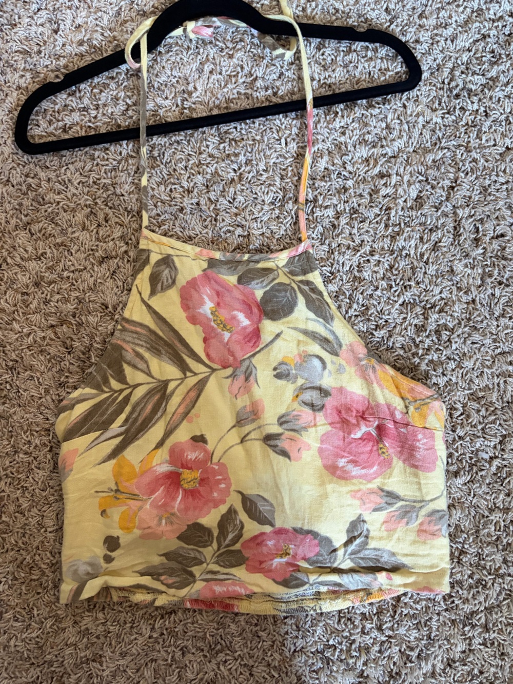 Hollister Yellow Halter Crop Top with Pink Floral Print